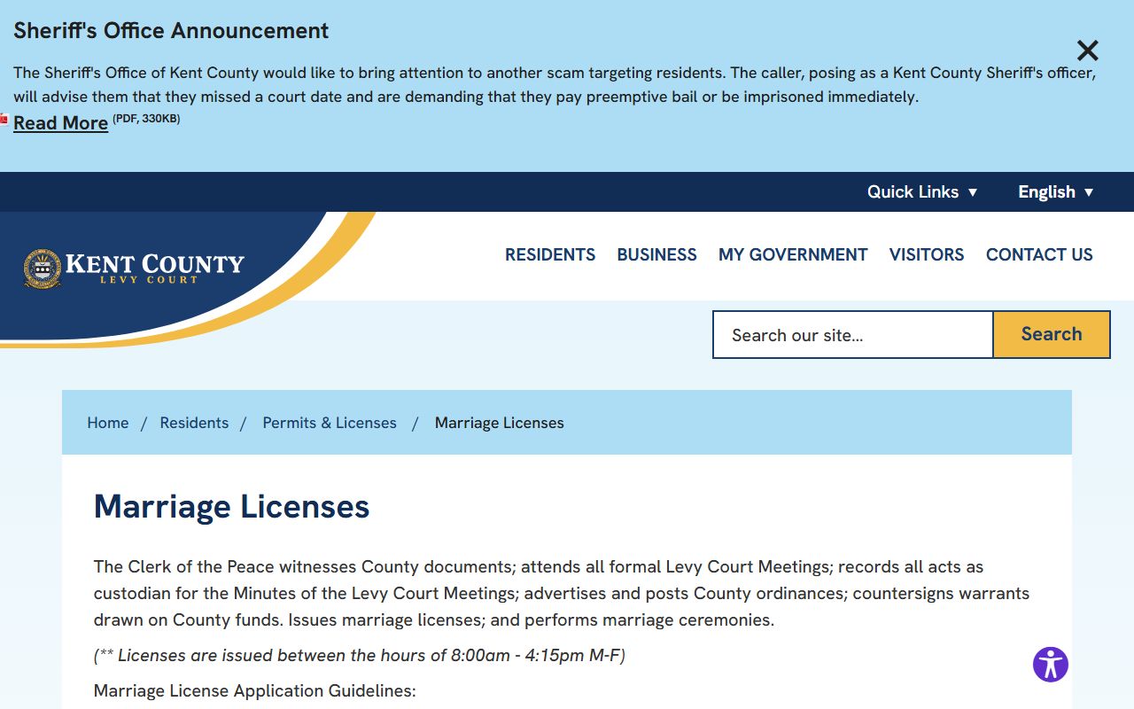 Kent County marriage license office Dover Delaware