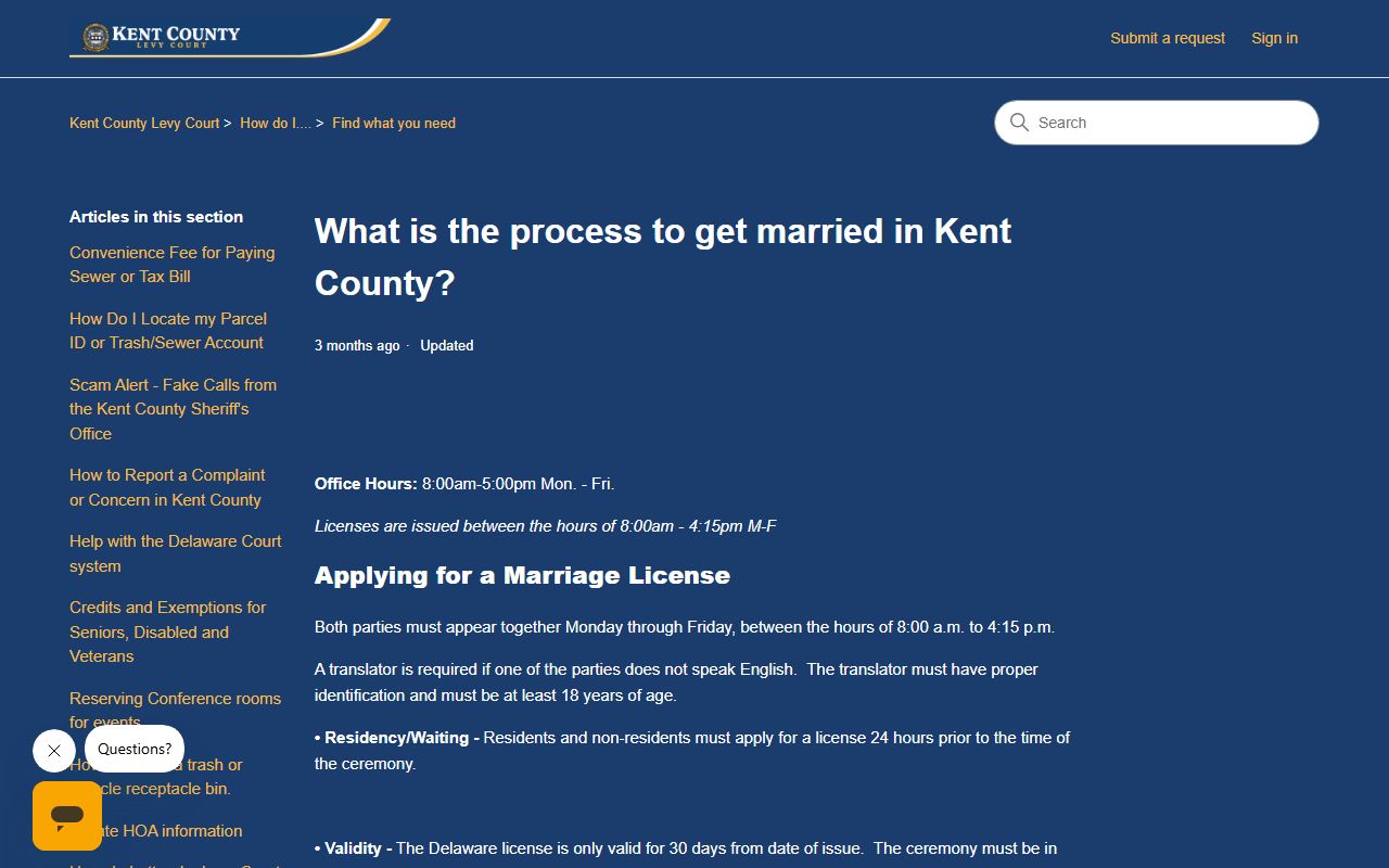 Kent County marriage license application process