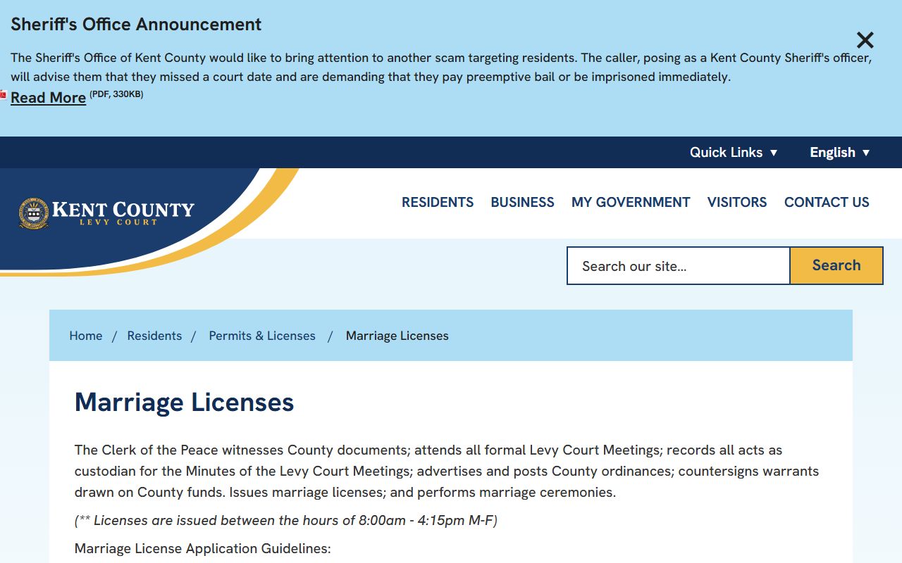 Kent County Delaware marriage license official page