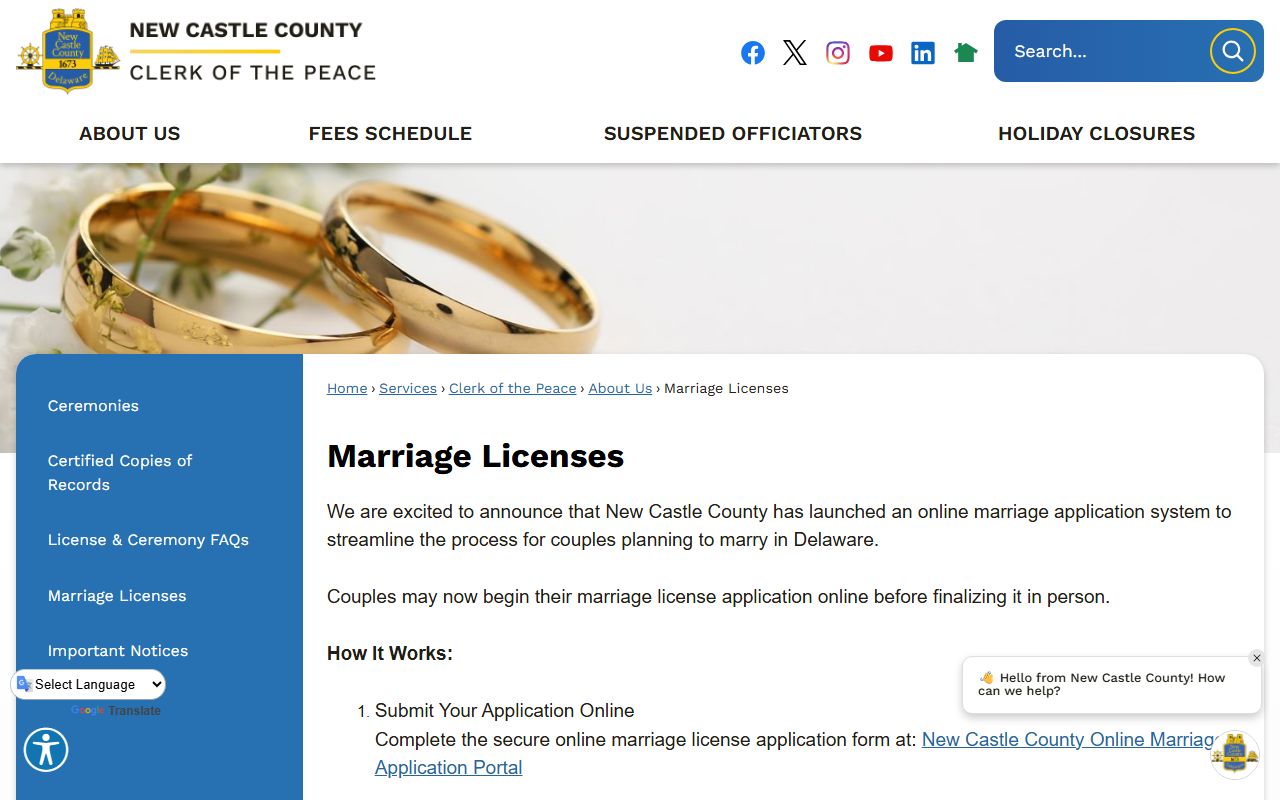 New Castle County marriage license official website