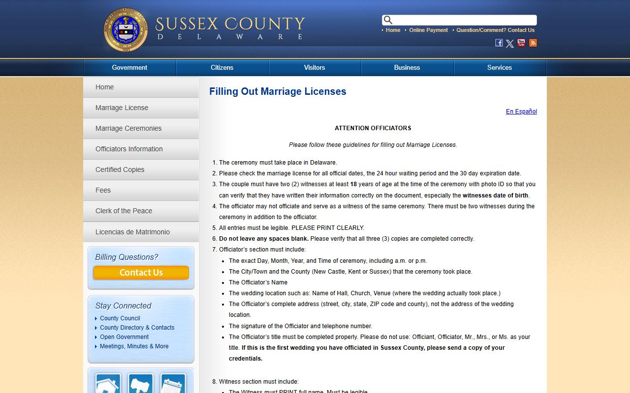 Sussex County marriage license form instructions for officiants
