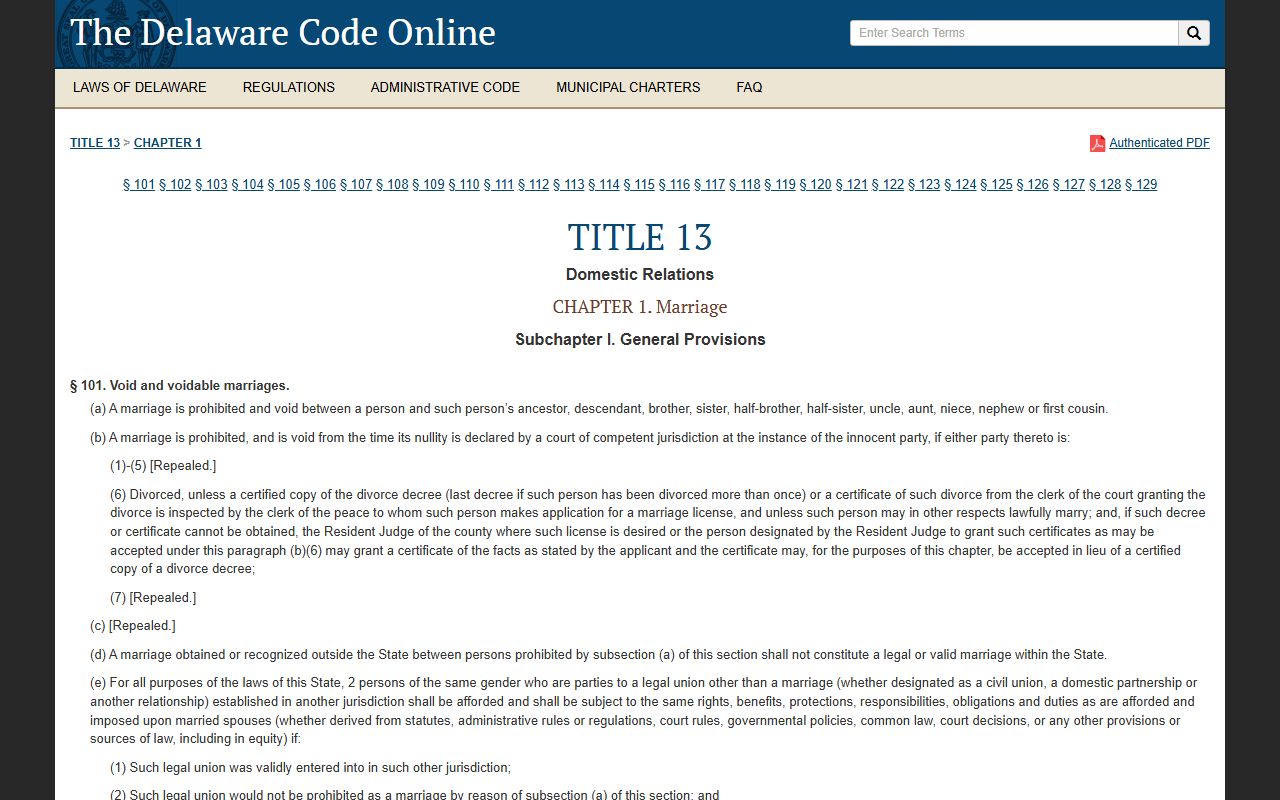 Delaware Code Title 13 marriage laws
