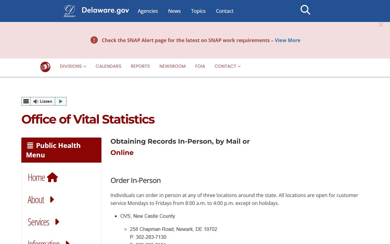 Delaware Office of Vital Statistics marriage license information