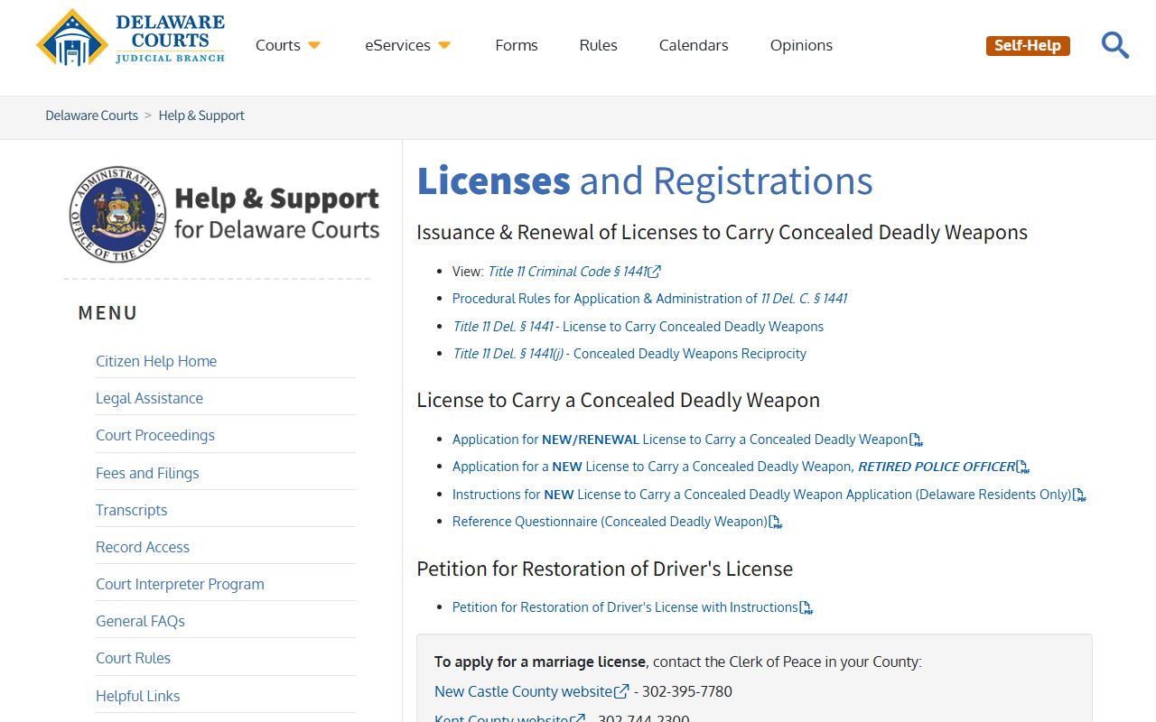 Delaware State Courts marriage license and registration information
