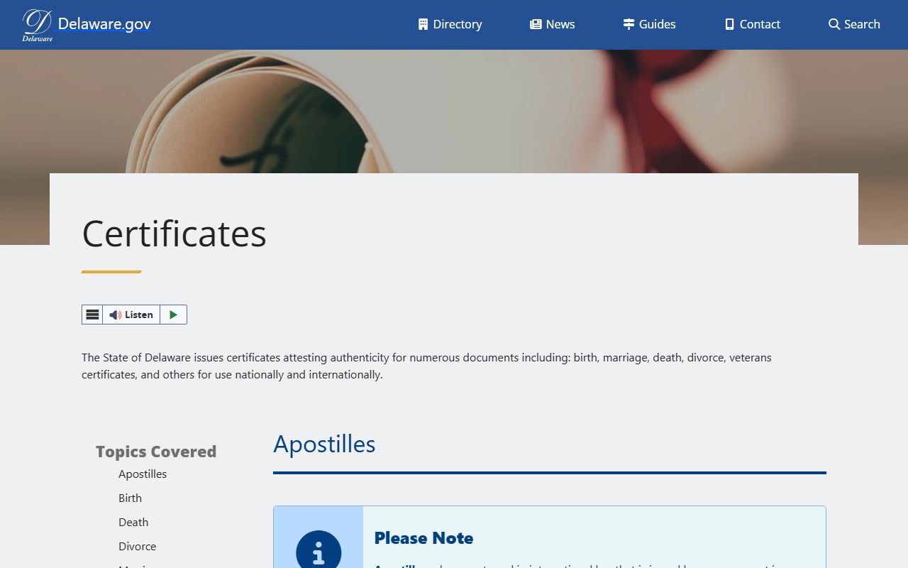 Delaware.gov official certificates guide for marriage records