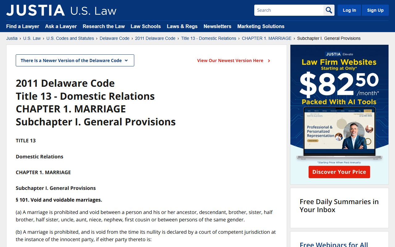 Justia Delaware Code 2011 Title 13 marriage statutes